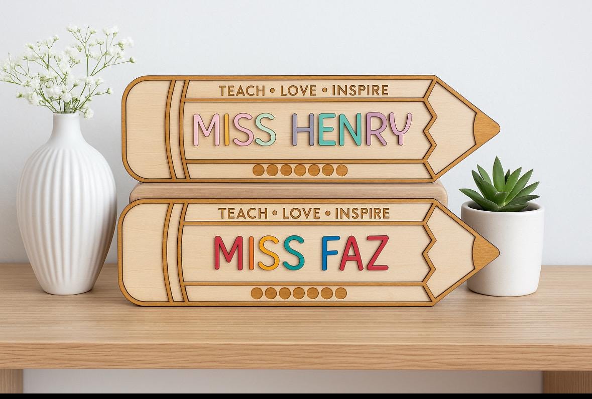 Personalized Teacher Name Sign | Wooden Pencil Desk Name Plate | Custom Classroom Decor | Back to School Teacher Gift