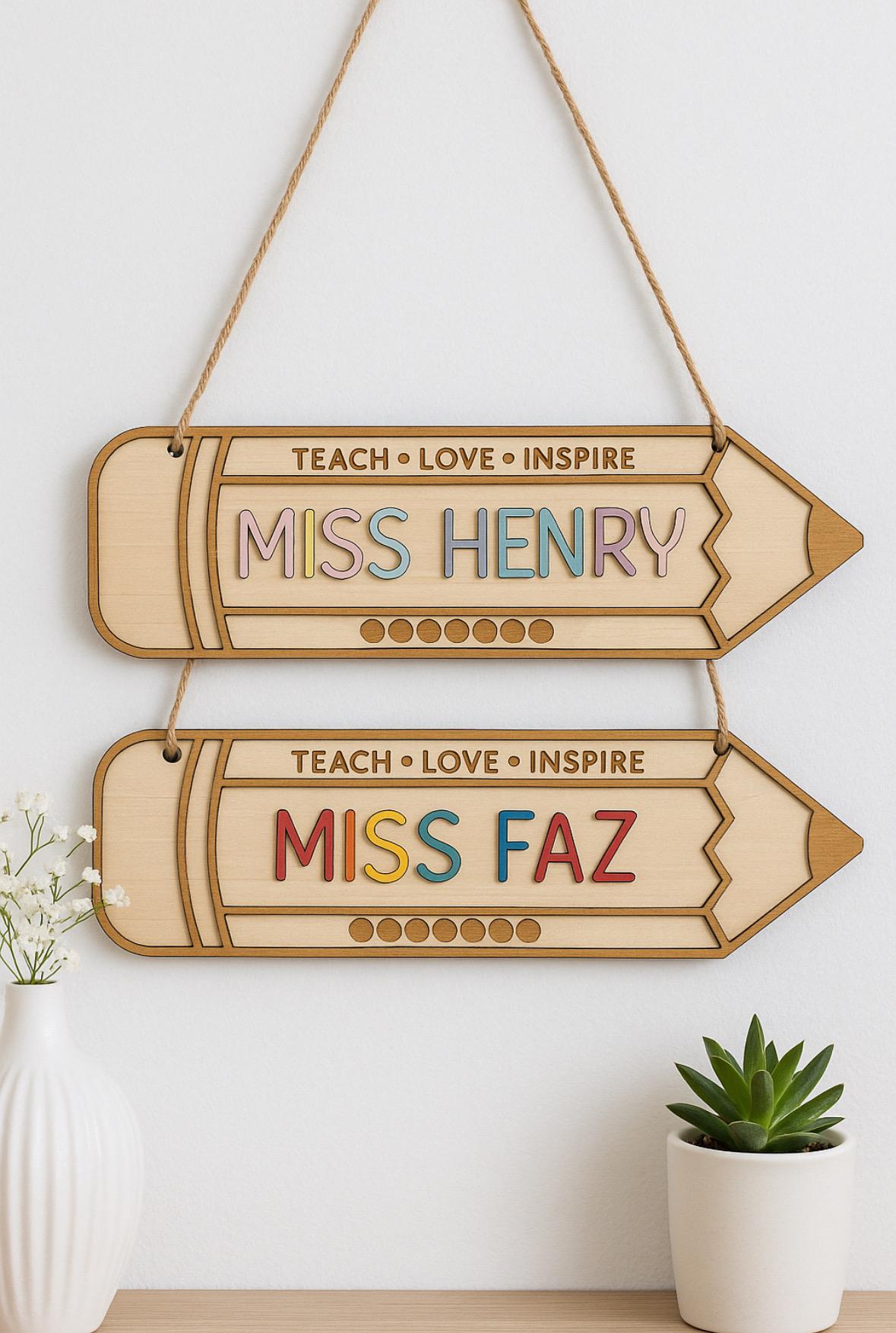 Personalized Teacher Name Sign | Wooden Pencil Desk Name Plate | Custom Classroom Decor | Back to School Teacher Gift
