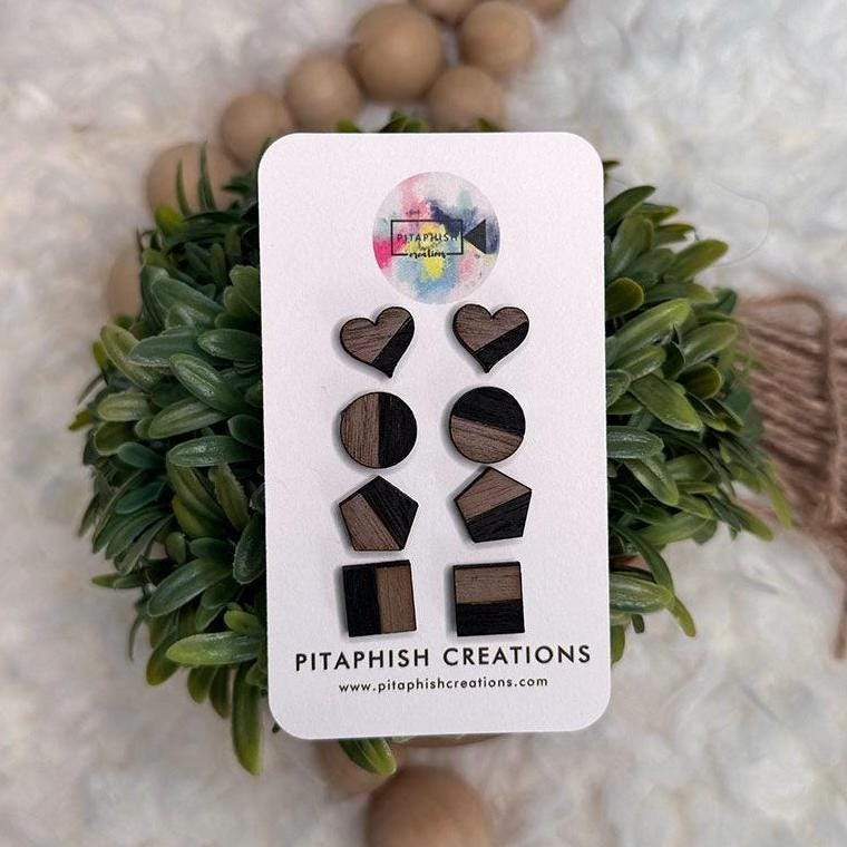Wood Stud Earrings Set | Hand Painted Walnut Plywood Studs | Hypoallergenic Stainless Steel Posts | Minimalist Earrings