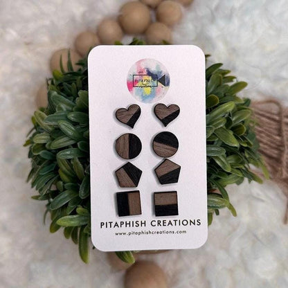 Wood Stud Earrings Set | Hand Painted Walnut Plywood Studs | Hypoallergenic Stainless Steel Posts | Minimalist Earrings