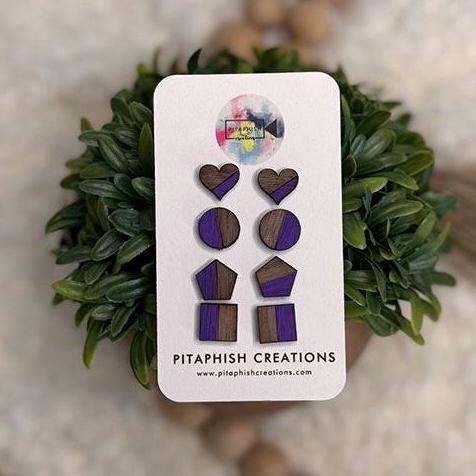 Wood Stud Earrings Set | Hand Painted Walnut Plywood Studs | Hypoallergenic Stainless Steel Posts | Minimalist Earrings