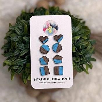 Wood Stud Earrings Set | Hand Painted Walnut Plywood Studs | Hypoallergenic Stainless Steel Posts | Minimalist Earrings