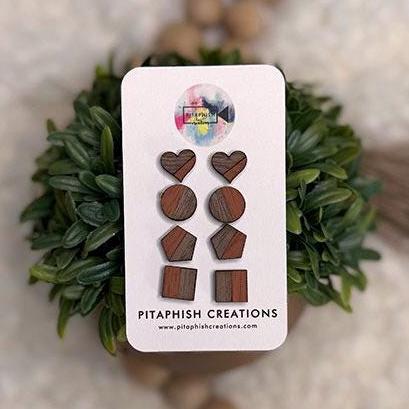 Wood Stud Earrings Set | Hand Painted Walnut Plywood Studs | Hypoallergenic Stainless Steel Posts | Minimalist Earrings