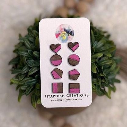 Wood Stud Earrings Set | Hand Painted Walnut Plywood Studs | Hypoallergenic Stainless Steel Posts | Minimalist Earrings